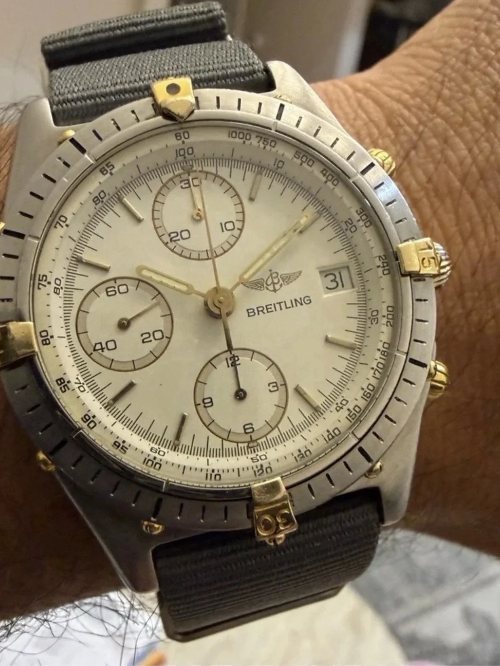 Vintage Breitling Chronomat B13047 18k Gold Steel White Dial Automatic Watch